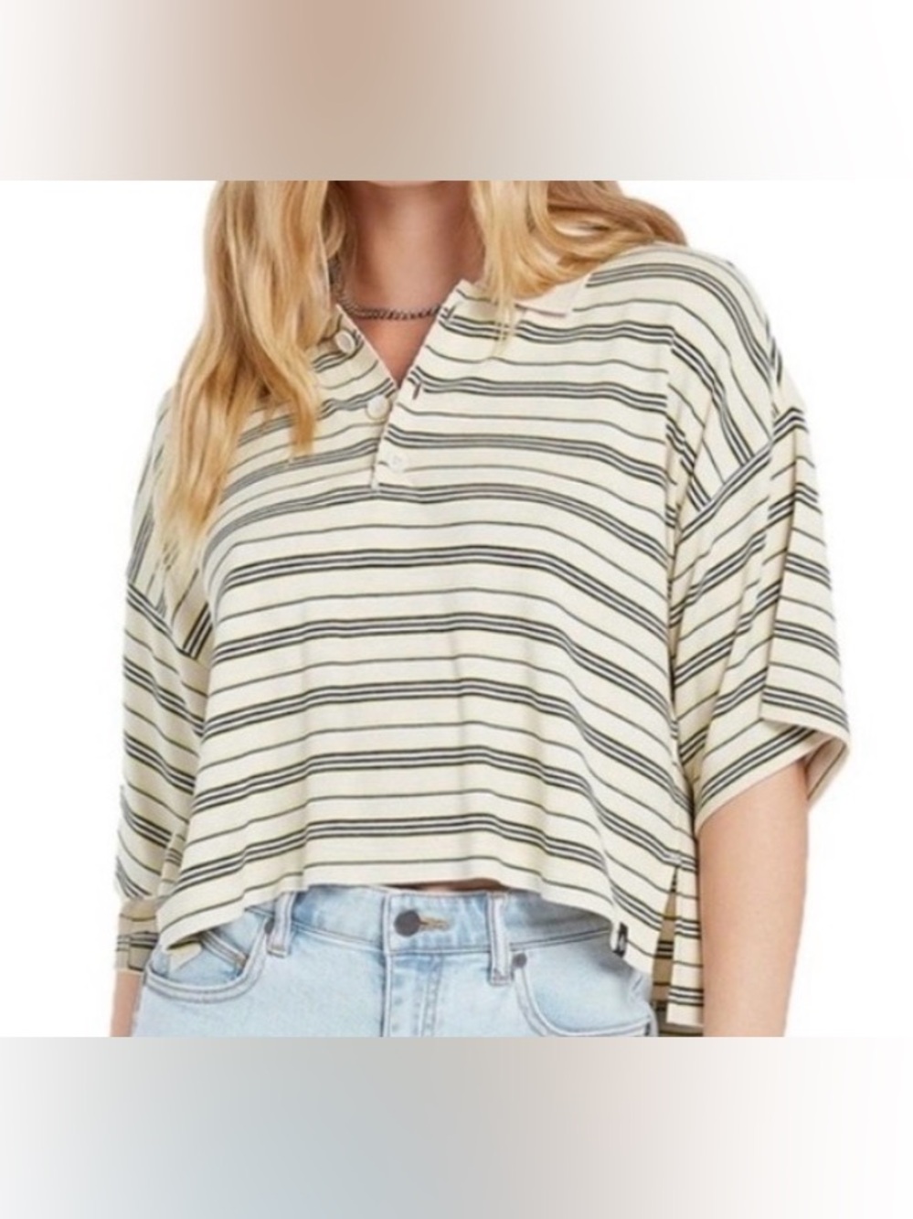 Volcom Polo Cropped Striped Cropped Henley Top in Cream Oversized M